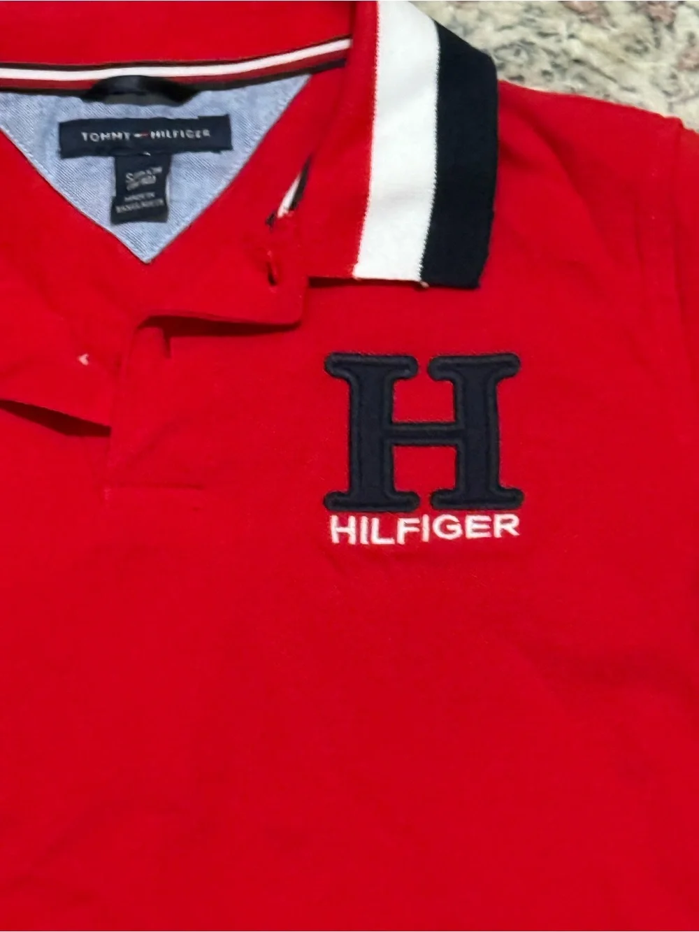 Tommy Hilfiger Red Polo with Navy & White Contrast Collar
